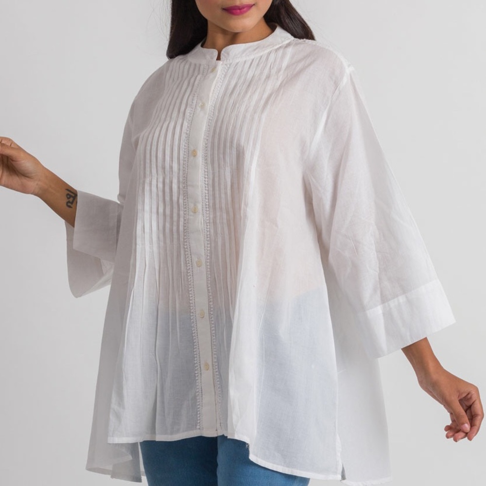 Rajani Cotton Embroidered Tunic in White, Handmade